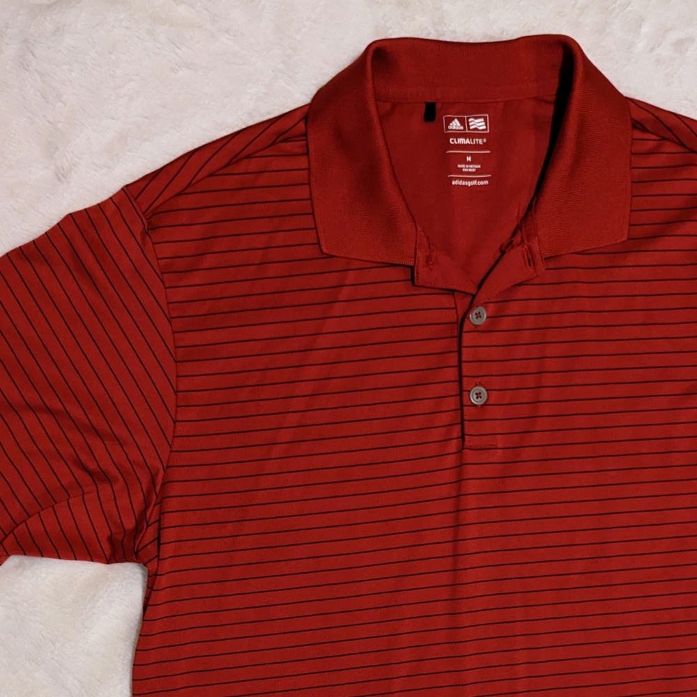 Adidas Climalite Performance Golf Shirt Polo Short Sleeve Red Black Pinstripe M